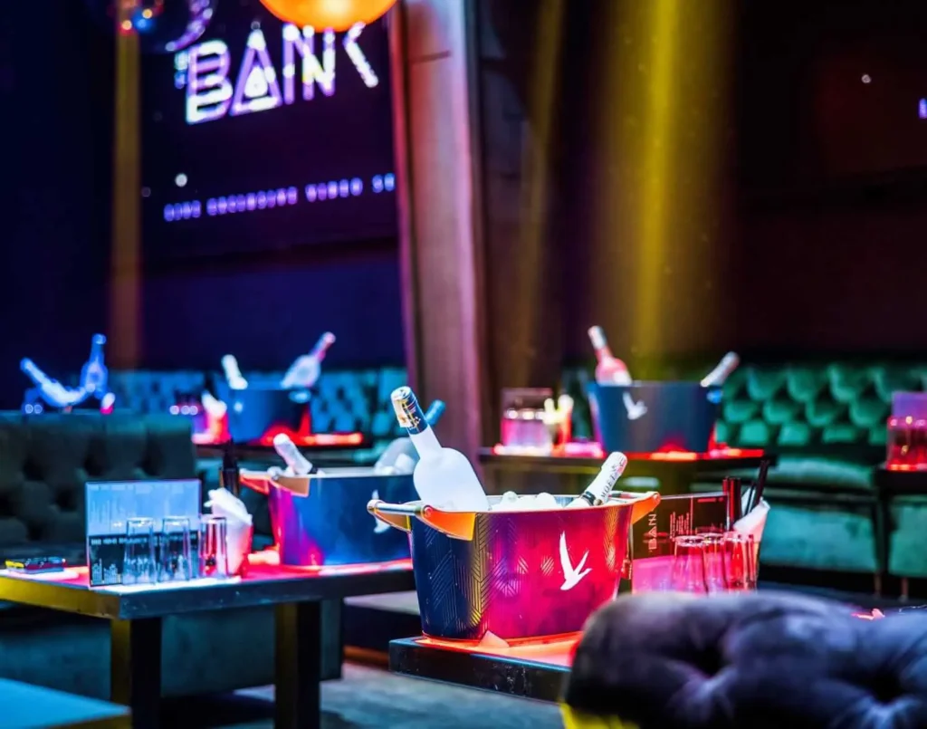 The Bank Club in Belgrade, the first premium RnB club in Europe, featuring a luxurious modern interior with top-notch sound and lighting technology.