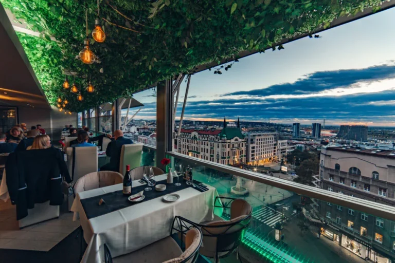 The restaurant Caruso, located in the center of Belgrade, offers a beautiful view of the Hotel Moscow.