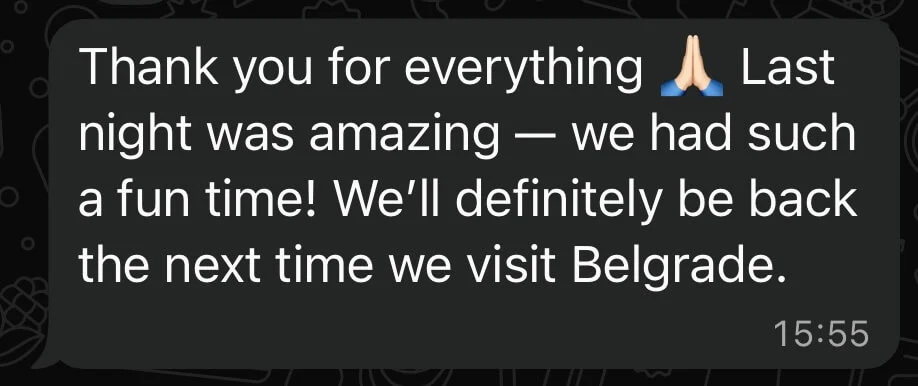 Screenshot of a message confirming that the table reservation was successfully arranged by the Belgrade Hotspot team.