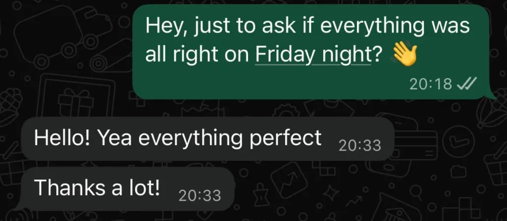 Screenshot of a WhatsApp message from a client thanking the team for an amazing night at a Belgrade nightclub and confirming they had a great time.