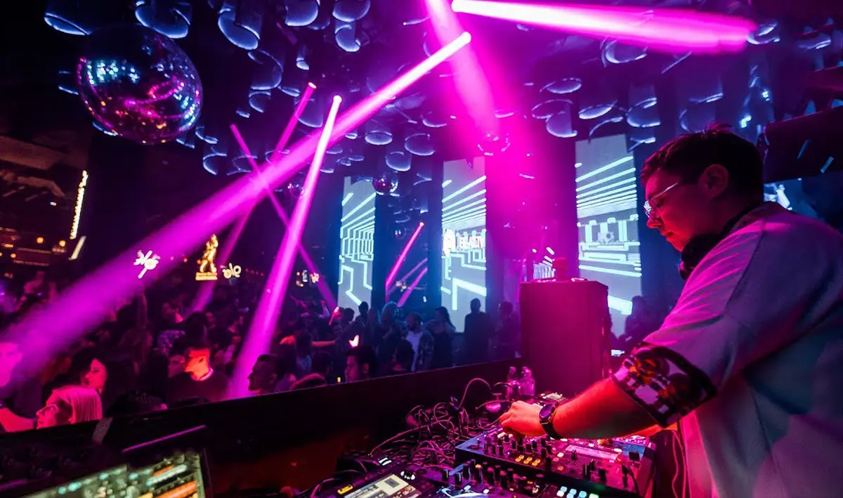 Belgrade nightclub interior with crowd dancing on a Saturday night